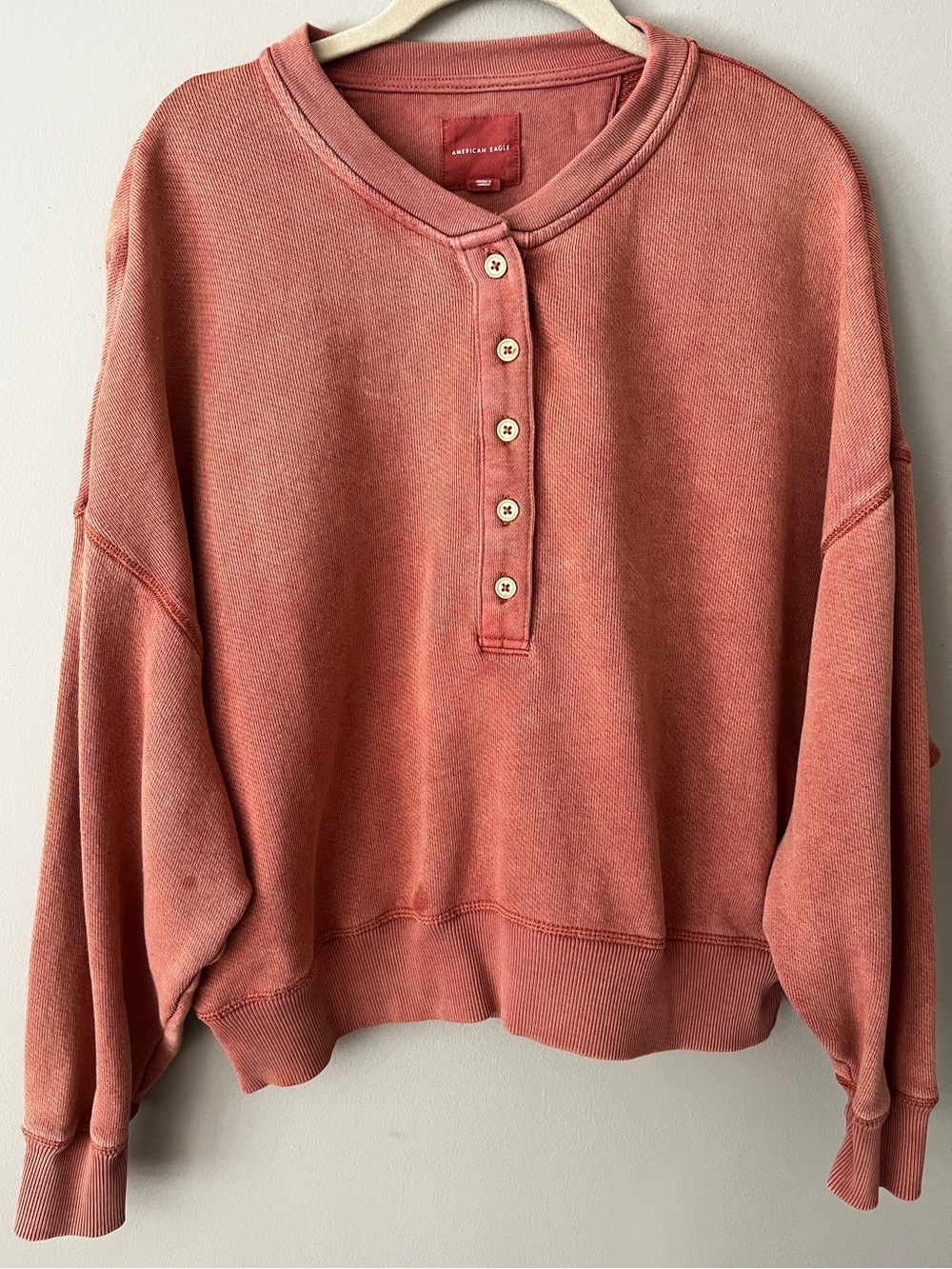 American Eagle Outfitters Coral Button-Up Henley Sweatshirt